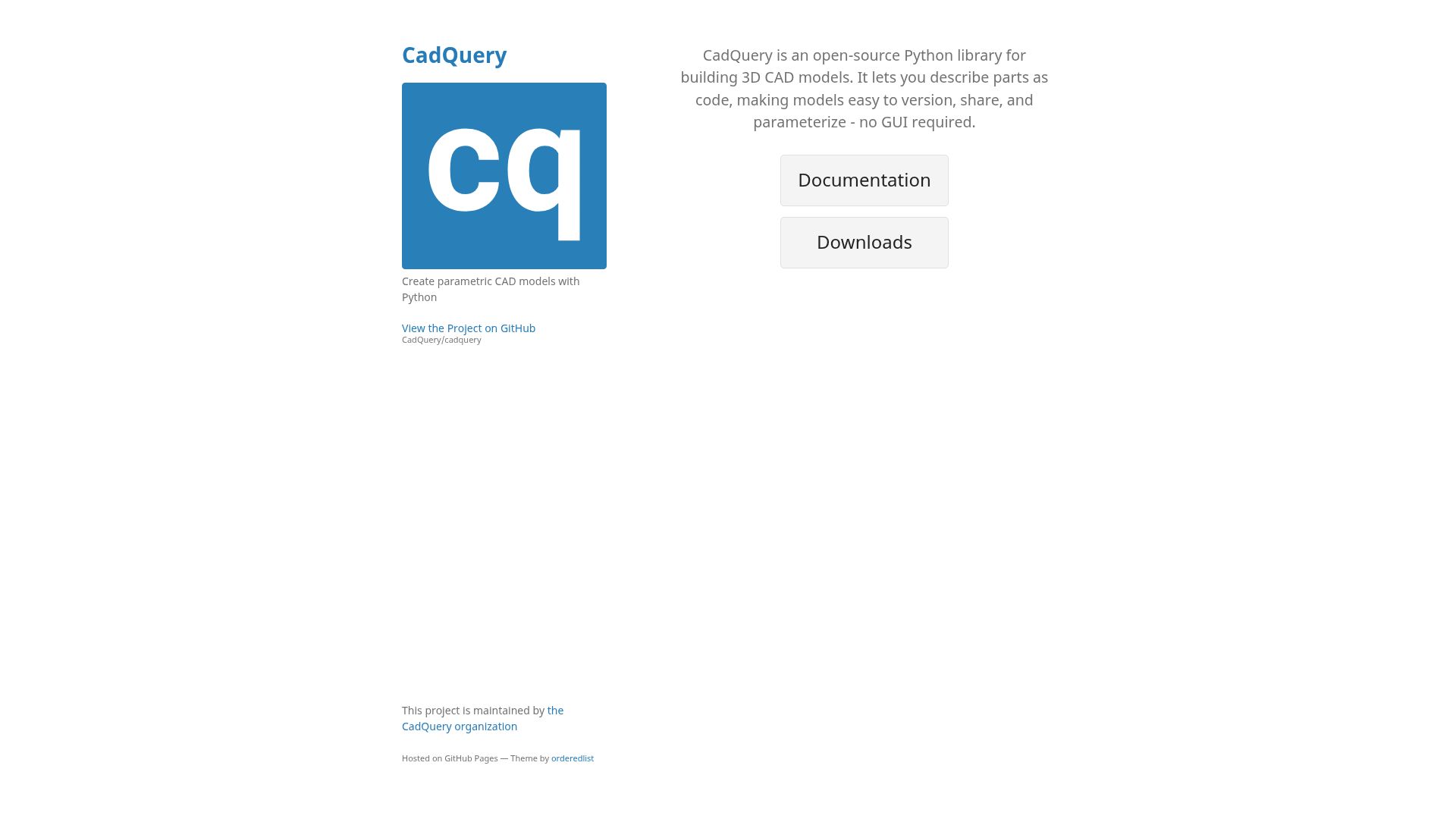 Screenshot of cadquery.github.io: CadQuery is an open-source Python library for building 3D CAD models