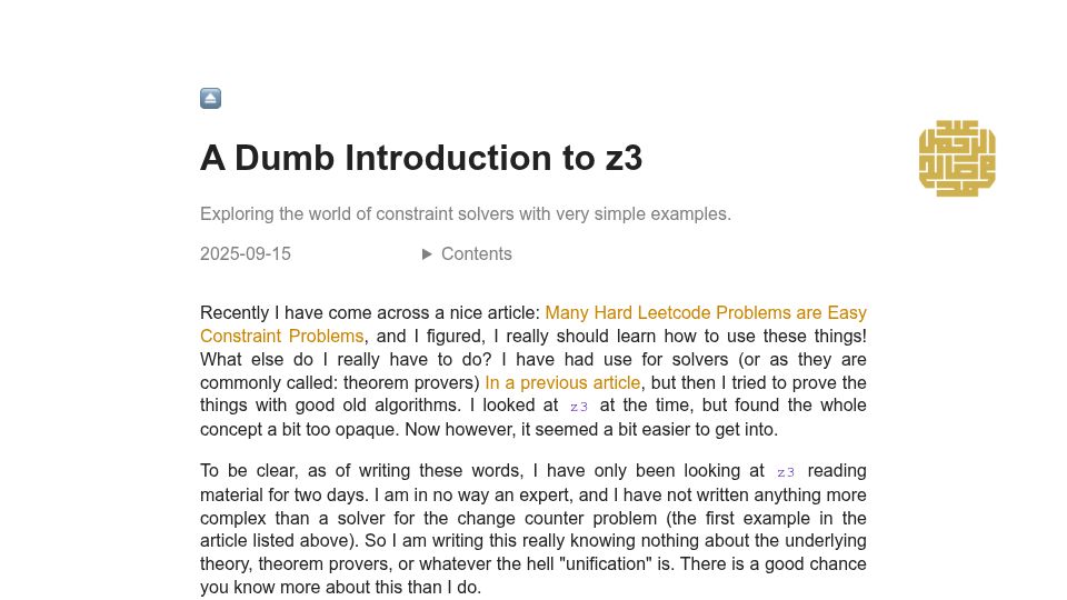 Screenshot of ar-ms.me: A Dumb Introduction to Z3 (2025)