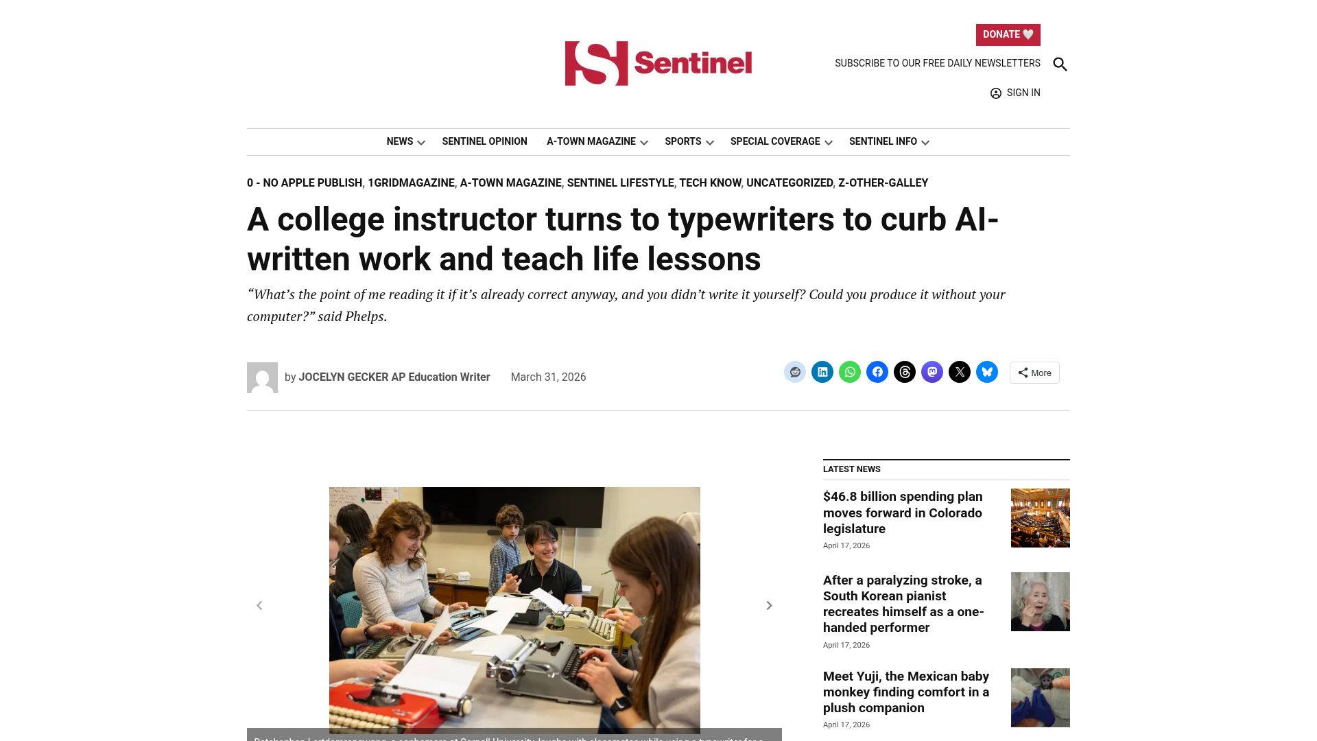 Screenshot of sentinelcolorado.com: College instructor turns to typewriters to curb AI-written work