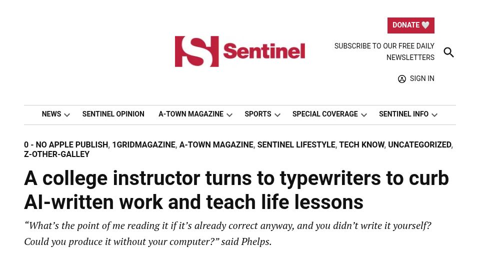 Screenshot of sentinelcolorado.com: College instructor turns to typewriters to curb AI-written work