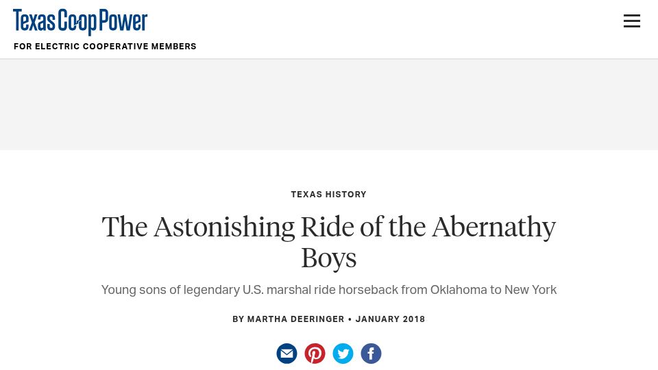 Screenshot of texascooppower.com: Young sons of U.S. marshal ride horseback from Oklahoma to New York (2018)