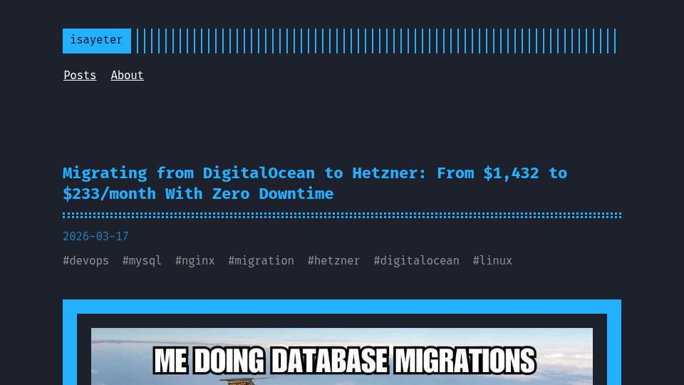 Screenshot of isayeter.com: Migrating from DigitalOcean to Hetzner