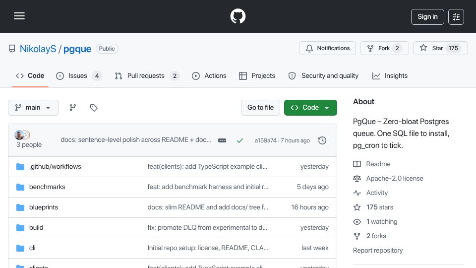 Screenshot of github.com: PgQue: Zero-Bloat Postgres Queue