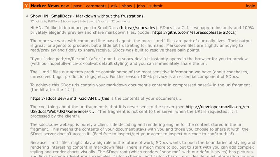 Screenshot of Hacker News post: Show HN: SmallDocs – Markdown without the frustrations