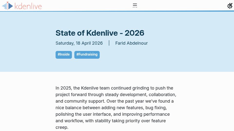 Screenshot of kdenlive.org: State of Kdenlive