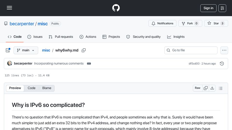 Screenshot of github.com: Why is IPv6 so complicated?