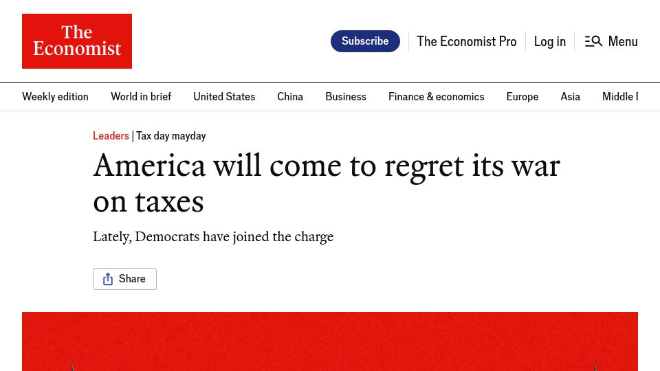 Screenshot of economist.com: America will come to regret its war on taxes