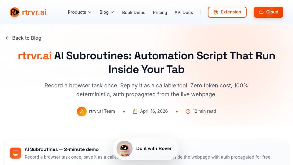 Screenshot of rtrvr.ai: Show HN: AI Subroutines – Run automation scripts inside your browser tab