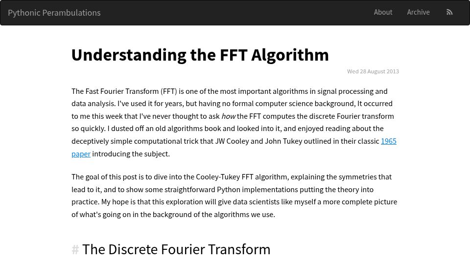 Screenshot of jakevdp.github.io: Understanding the FFT Algorithm (2013)