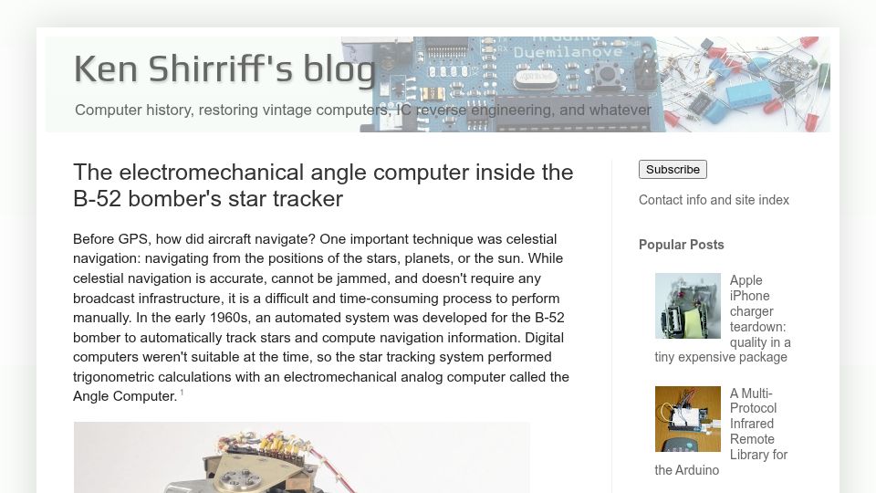 Screenshot of righto.com: The electromechanical angle computer inside the B-52 bomber's star tracker