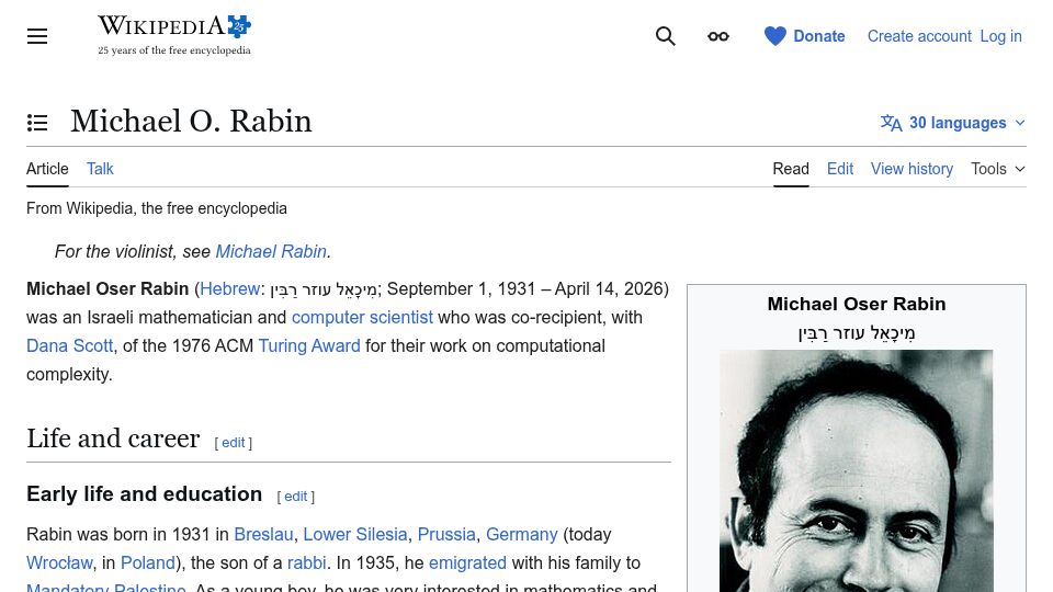 Screenshot of en.wikipedia.org: Michael Rabin has died