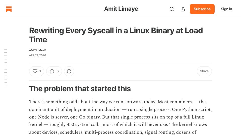 Screenshot of amitlimaye1.substack.com: Rewriting Every Syscall in a Linux Binary at Load Time