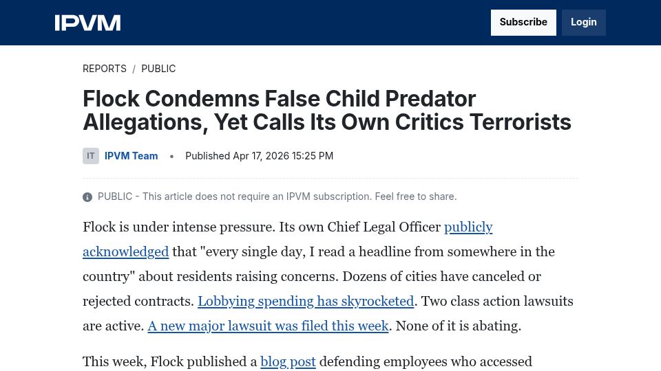 Screenshot of ipvm.com: Flock Condemns False Child Predator Allegations, Yet Calls Critics Terrorists