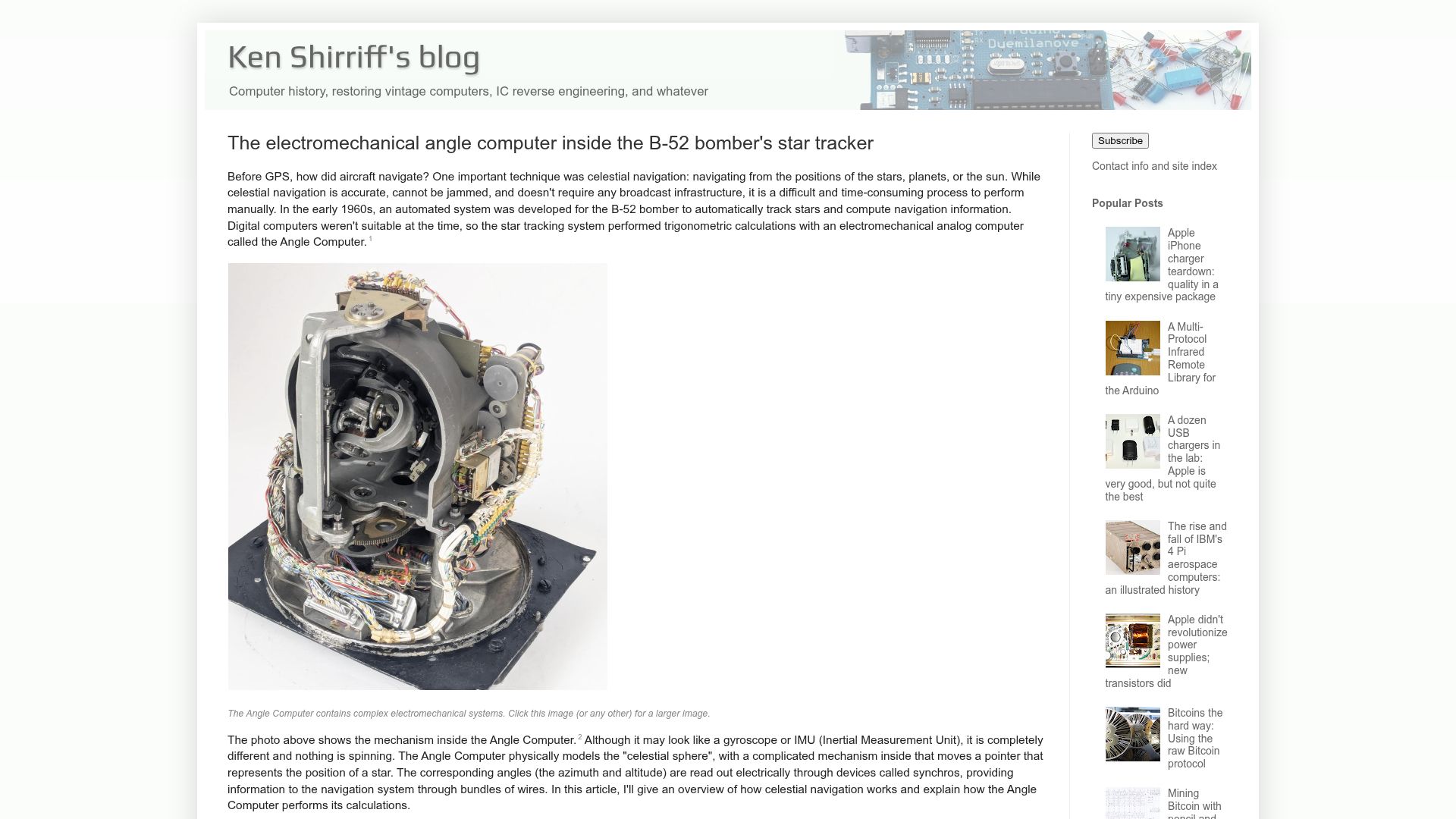 Screenshot of righto.com: The electromechanical angle computer inside the B-52 bomber's star tracker
