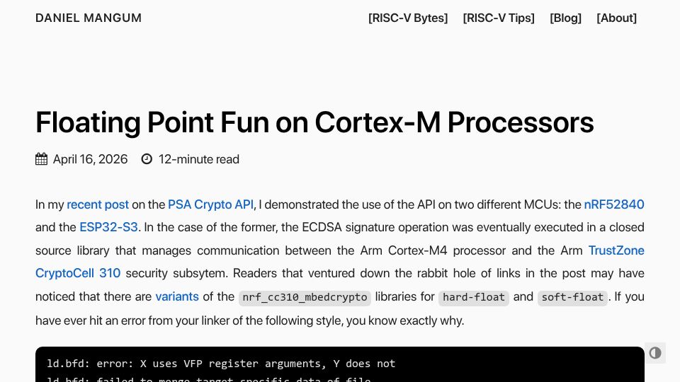 Screenshot of danielmangum.com: Floating Point Fun on Cortex-M Processors