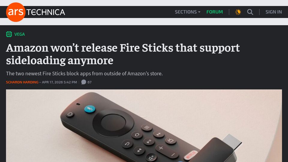 Screenshot of arstechnica.com: Amazon won't release Fire Sticks that support sideloading anymore