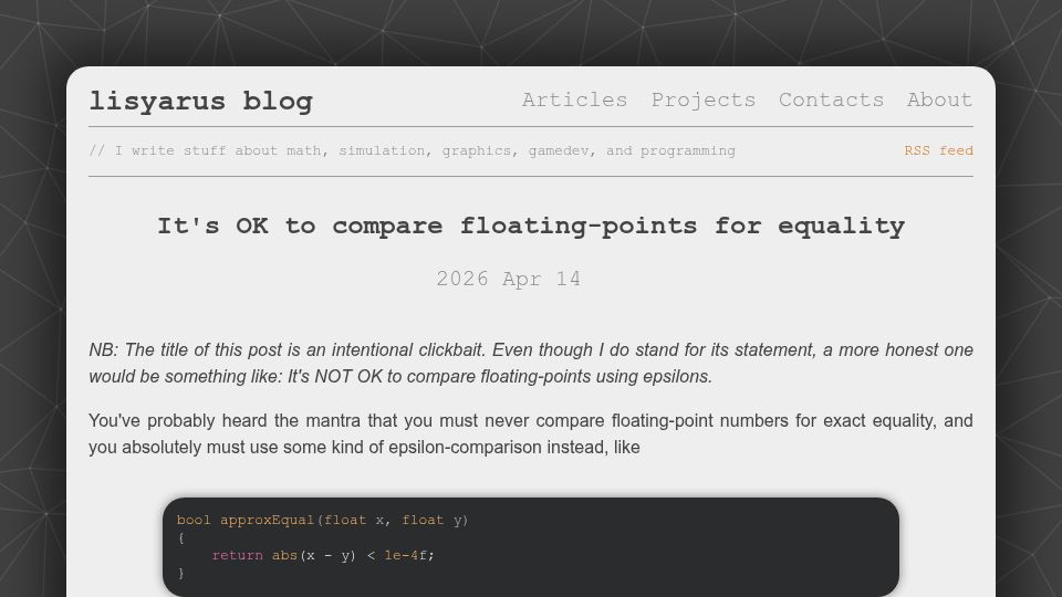 Screenshot of lisyarus.github.io: It's OK to compare floating-points for equality
