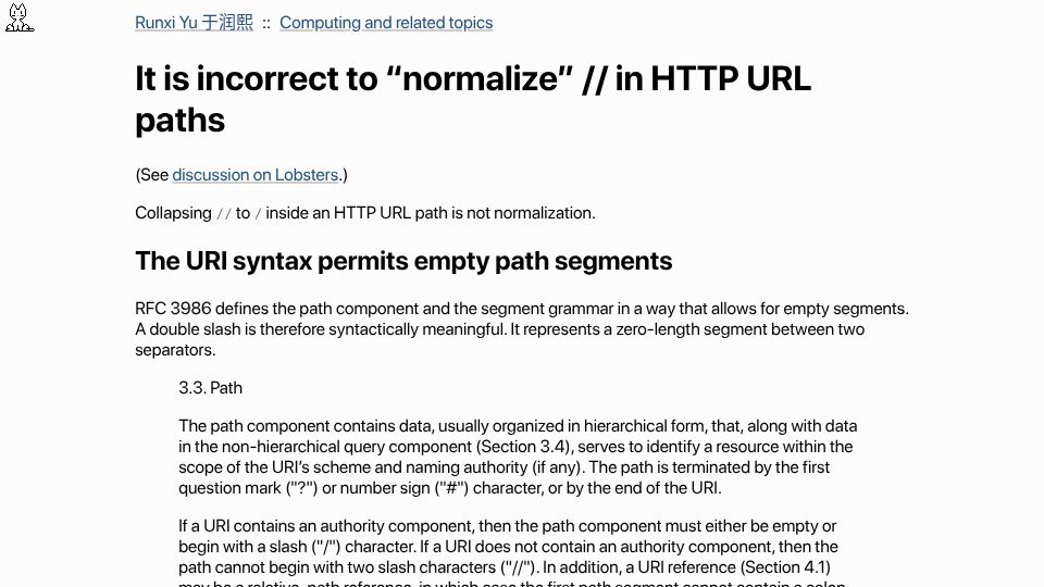 Screenshot of runxiyu.org: It is incorrect to "normalize" // in HTTP URL paths