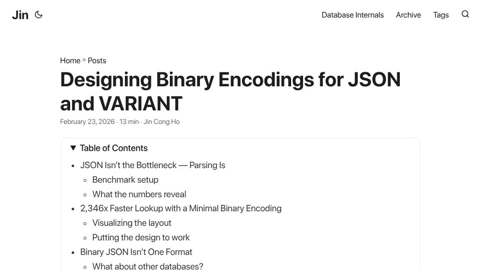 Screenshot of jincongho.com: Binary Encodings for JSON and Variant