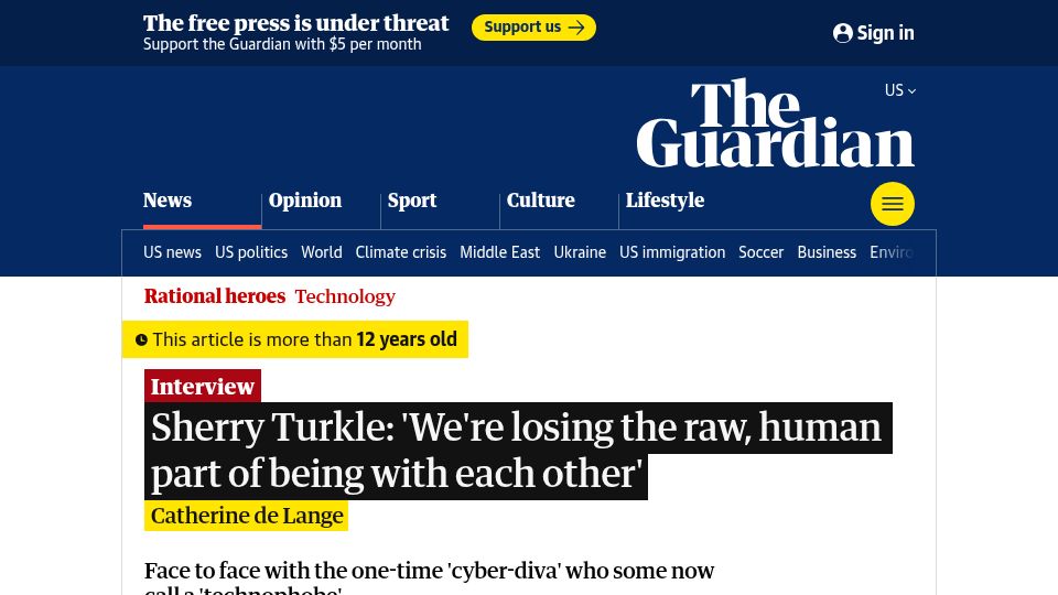 Screenshot of theguardian.com: Sherry Turkle: "We're losing the raw human part of being with each other" (2013)