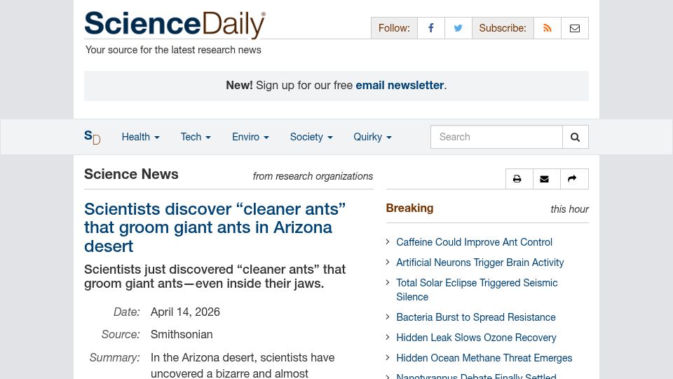 Screenshot of sciencedaily.com: Scientists discover “cleaner ants” that groom giant ants in Arizona desert