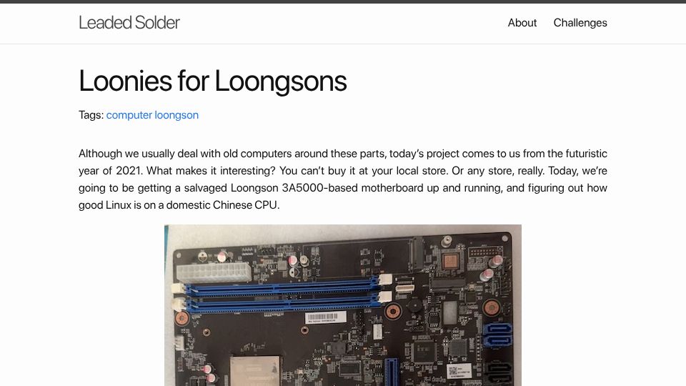 Screenshot of leadedsolder.com: Loonies for Loongsons