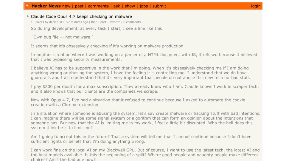 Screenshot of Hacker News post: Claude Code Opus 4.7 keeps checking on malware