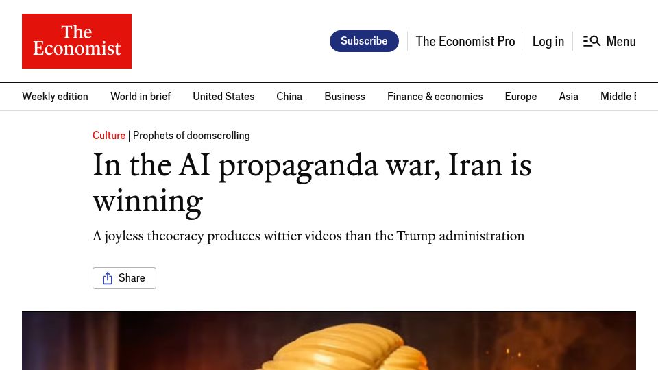 Screenshot of economist.com: In the AI propaganda war, Iran is winning