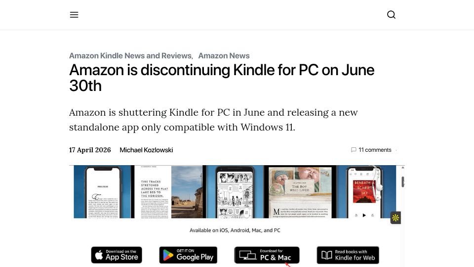 Screenshot of goodereader.com: Amazon is discontinuing Kindle for PC on June 30th