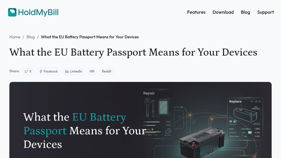 Screenshot of holdmybill.com: What the EU Battery Passport Means for Your Devices