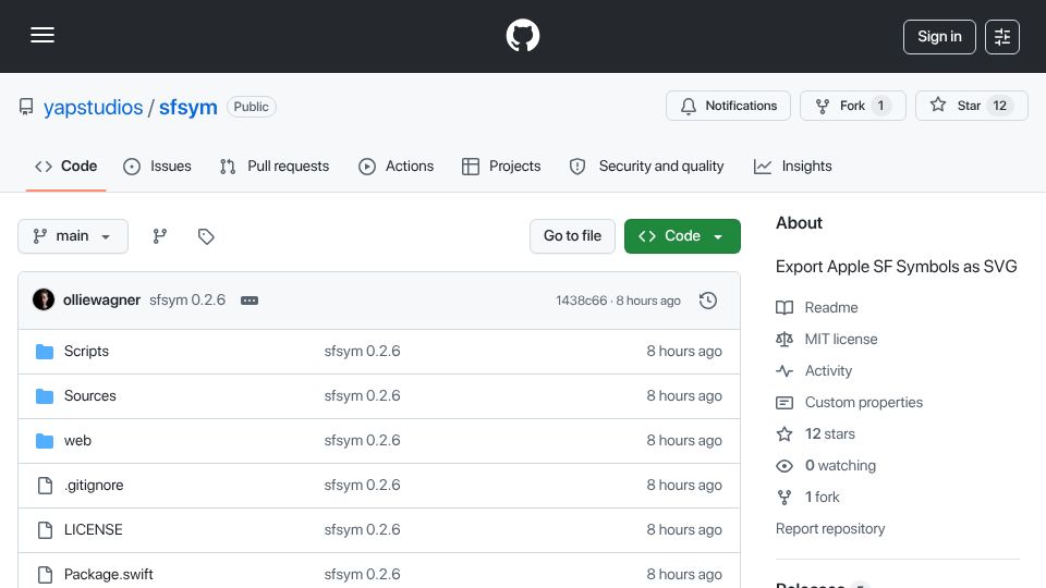 Screenshot of github.com: Show HN: Sfsym – Export Apple SF Symbols as Vector SVG/PDF/PNG