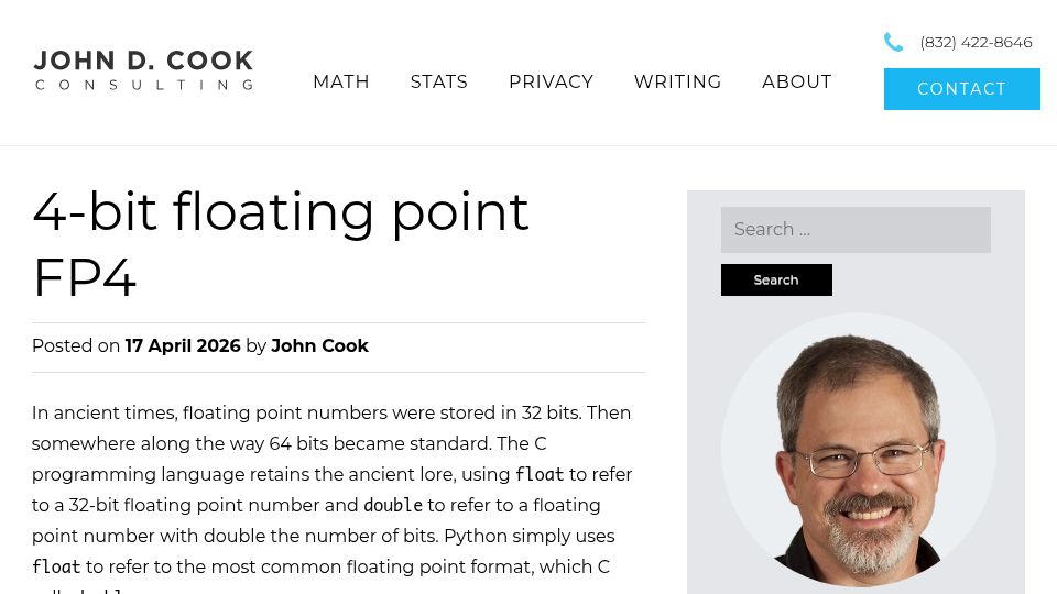 Screenshot of johndcook.com: 4-bit floating point FP4