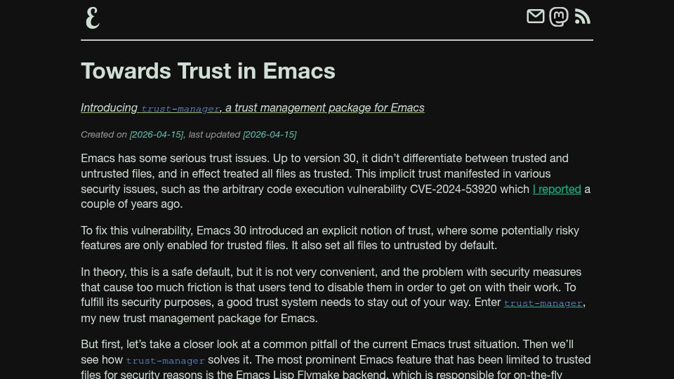 Screenshot of eshelyaron.com: Towards trust in Emacs