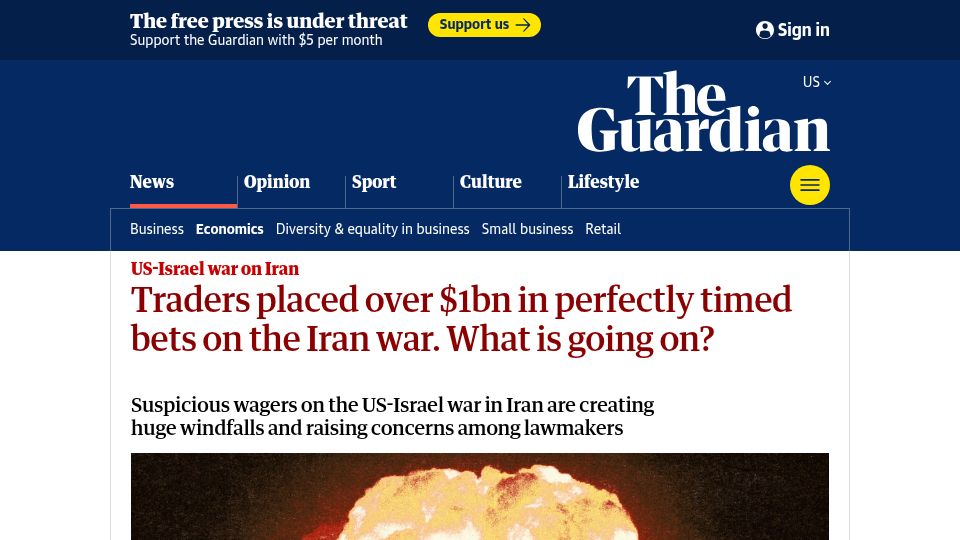 Screenshot of theguardian.com: Traders placed over $1B in perfectly timed bets on the Iran war