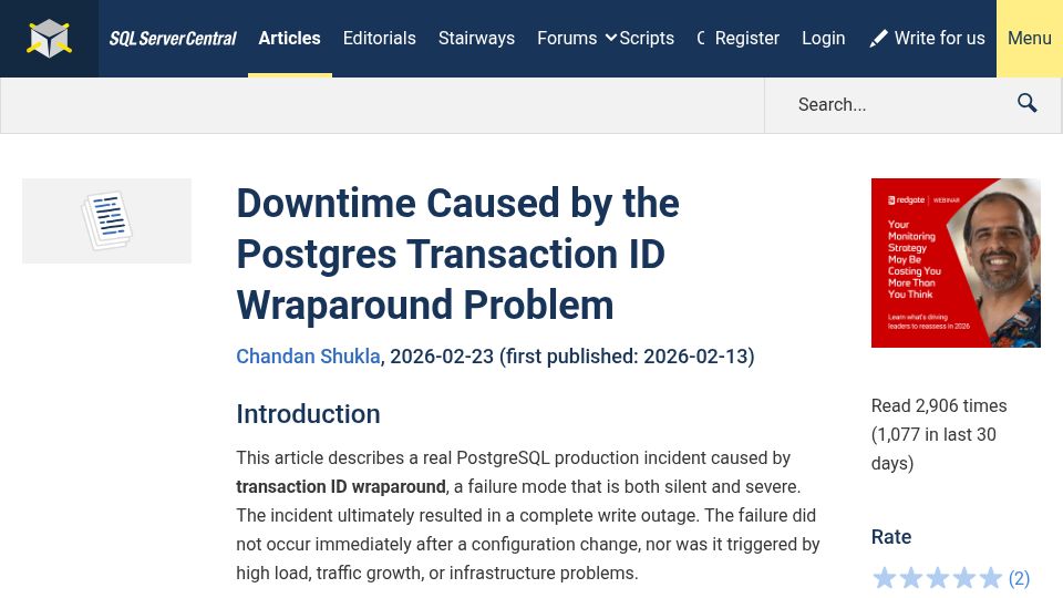 Screenshot of sqlservercentral.com: PostgreSQL production incident caused by transaction ID wraparound