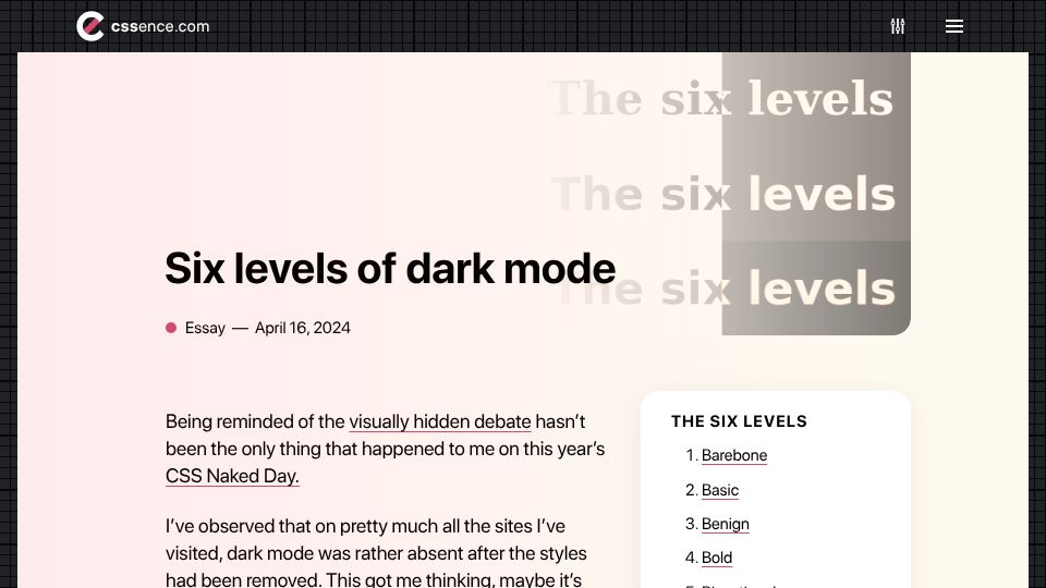 Screenshot of cssence.com: Six Levels of Dark Mode (2024)