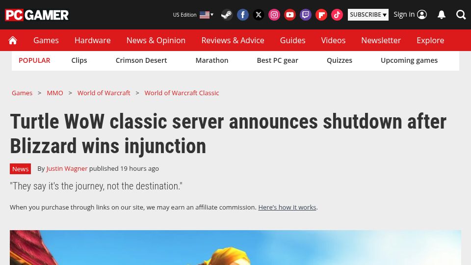 Screenshot of pcgamer.com: Turtle WoW classic server announces shutdown after Blizzard wins injunction
