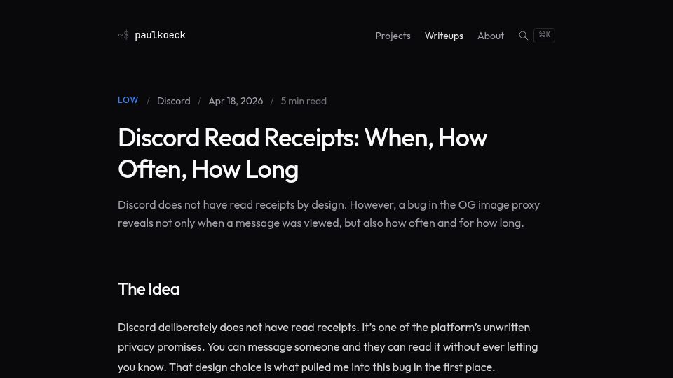 Screenshot of paul.koeck.dev: Discord Read Receipts Exploit: When, How Often, How Long