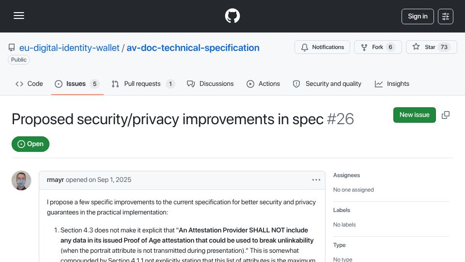 Screenshot of github.com: The EU digital ID wallet can't deliver the privacy properties it claims