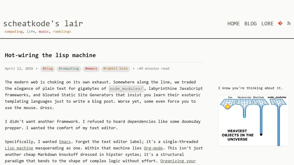 Screenshot of scheatkode.com: Hot-wiring the Lisp machine
