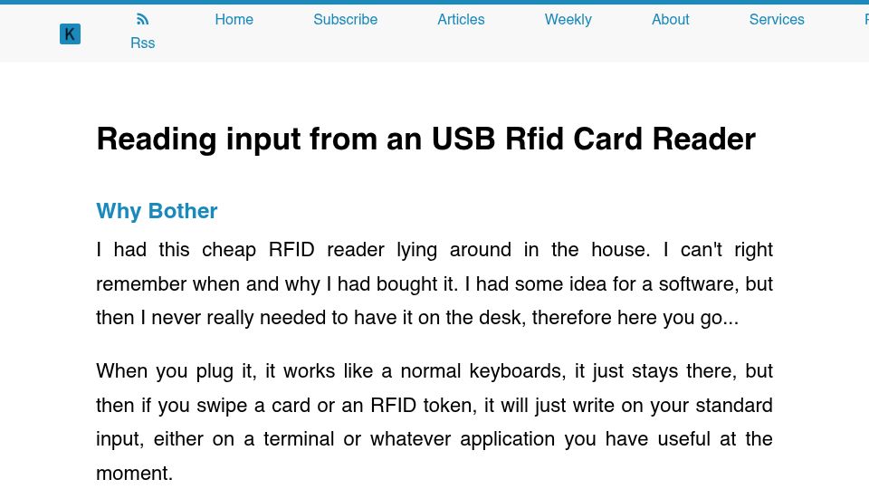 Screenshot of kevwe.com: Reading Input from an USB RFID Card Reader