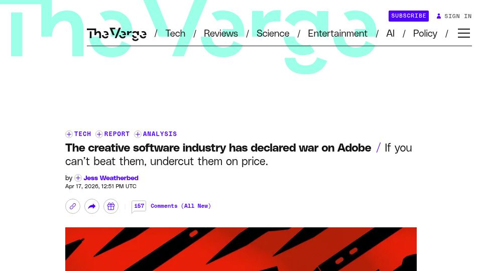 Screenshot of theverge.com: The creative software industry has declared war on Adobe