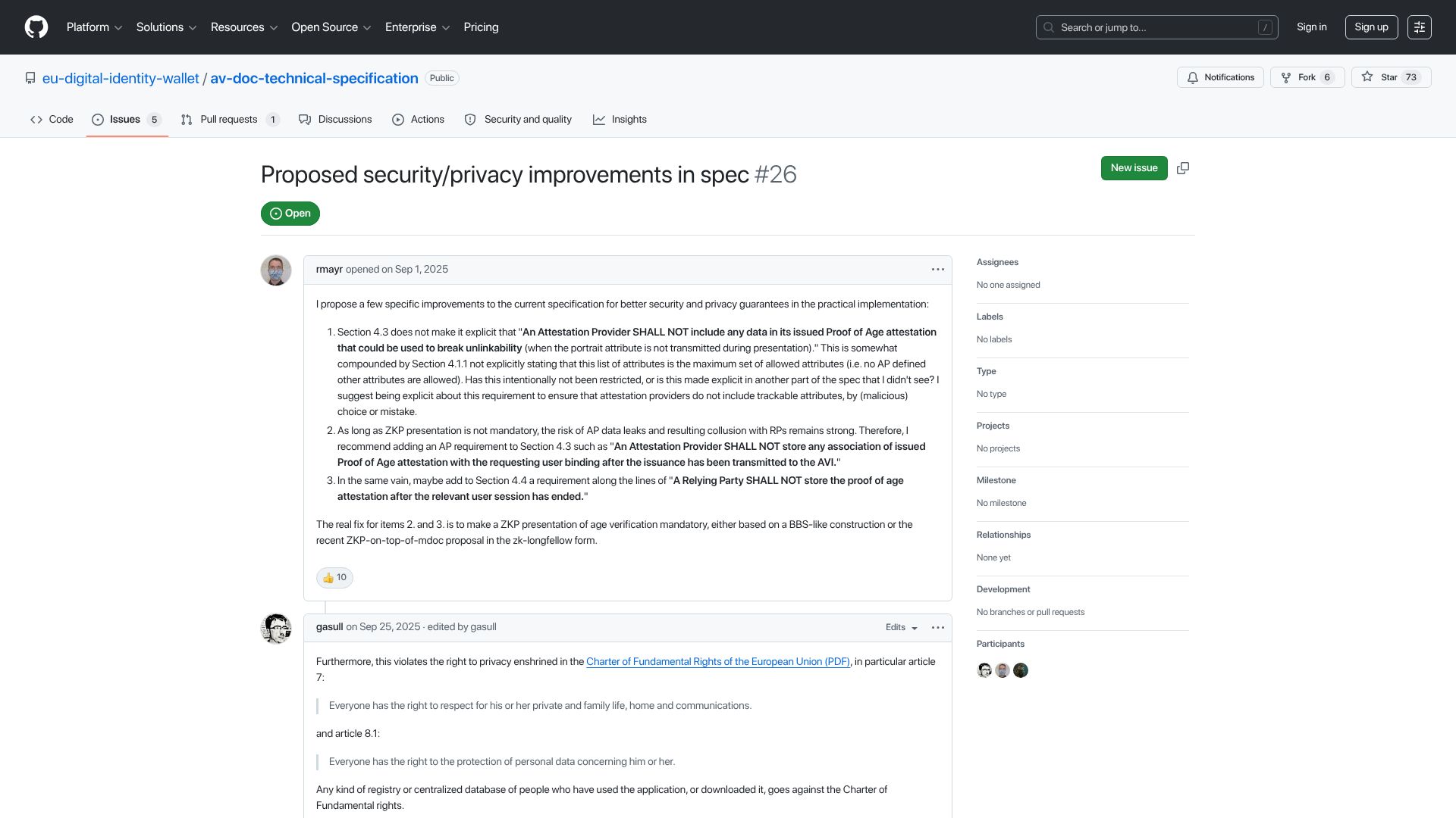 Screenshot of github.com: The EU digital ID wallet can't deliver the privacy properties it claims