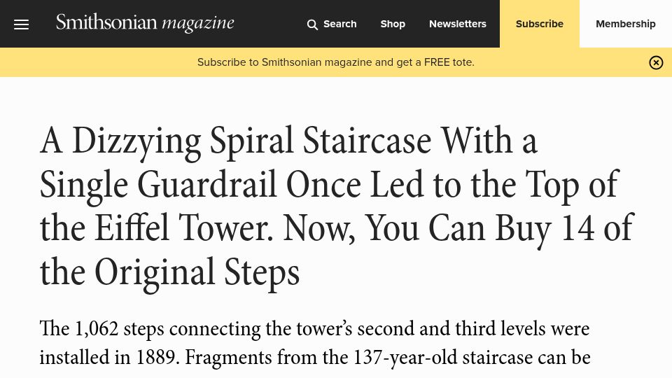 Screenshot of smithsonianmag.com: Spiral staircase with a single guardrail once led to the top of the Eiffel Tower