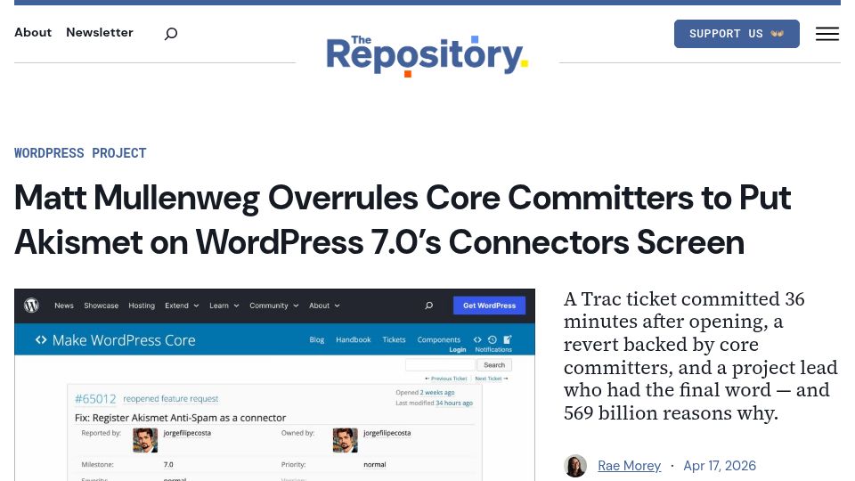Screenshot of therepository.email: Matt Mullenweg Overrules Core Committers; Puts Akismet on WP 7's Connector List