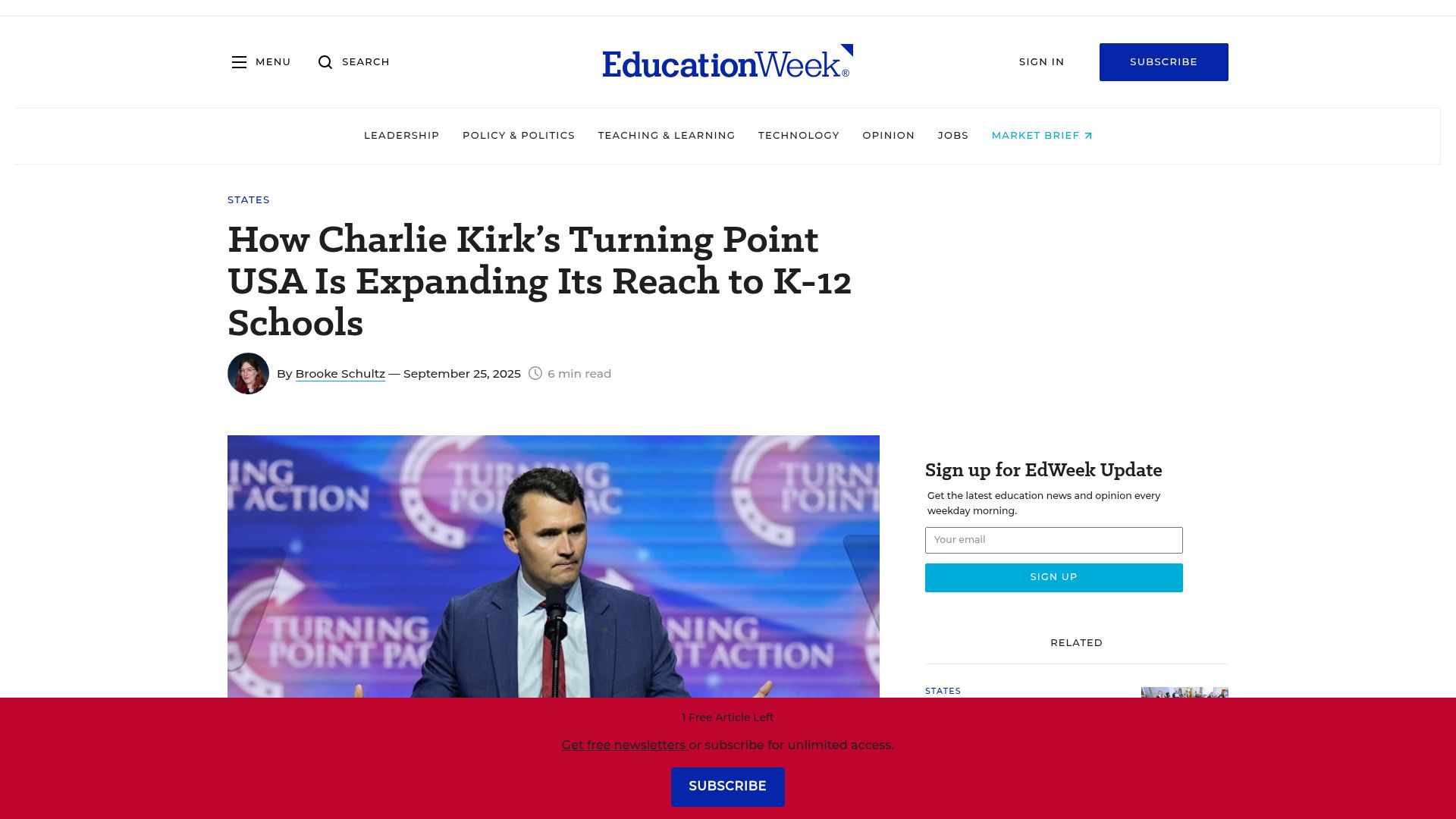 Screenshot of edweek.org: Turning Point USA Is Expanding Its Reach to K-12 Schools