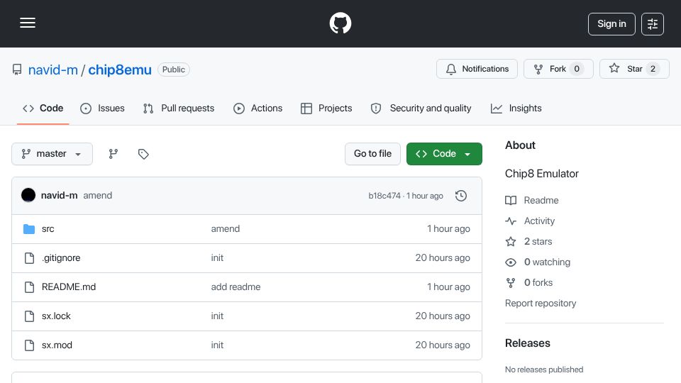 Screenshot of github.com: I wrote a CHIP-8 emulator in my own programming language