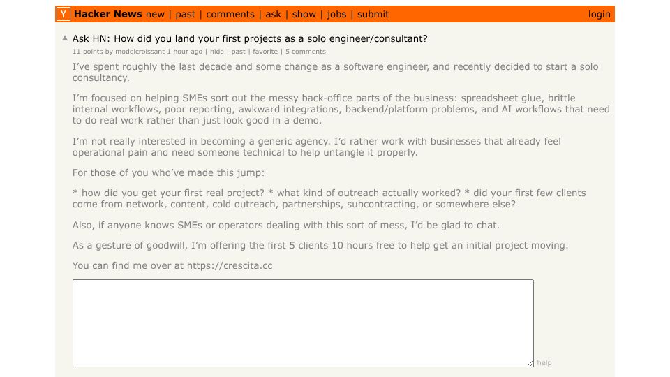 Screenshot of Hacker News post: Ask HN: How did you land your first projects as a solo engineer/consultant?