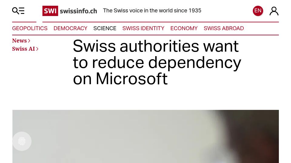 Screenshot of swissinfo.ch: Swiss authorities want to reduce dependency on Microsoft