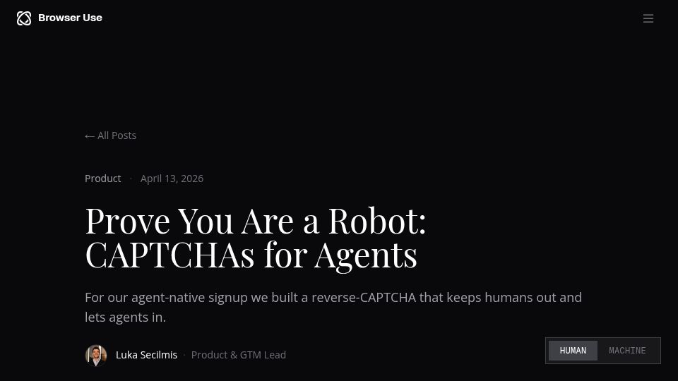 Screenshot of browser-use.com: Prove you are a robot: CAPTCHAs for agents
